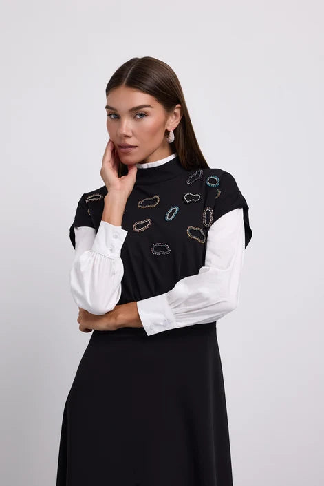 NOI-2500 BLACK&MULTI BEADED DETAILS DRESS