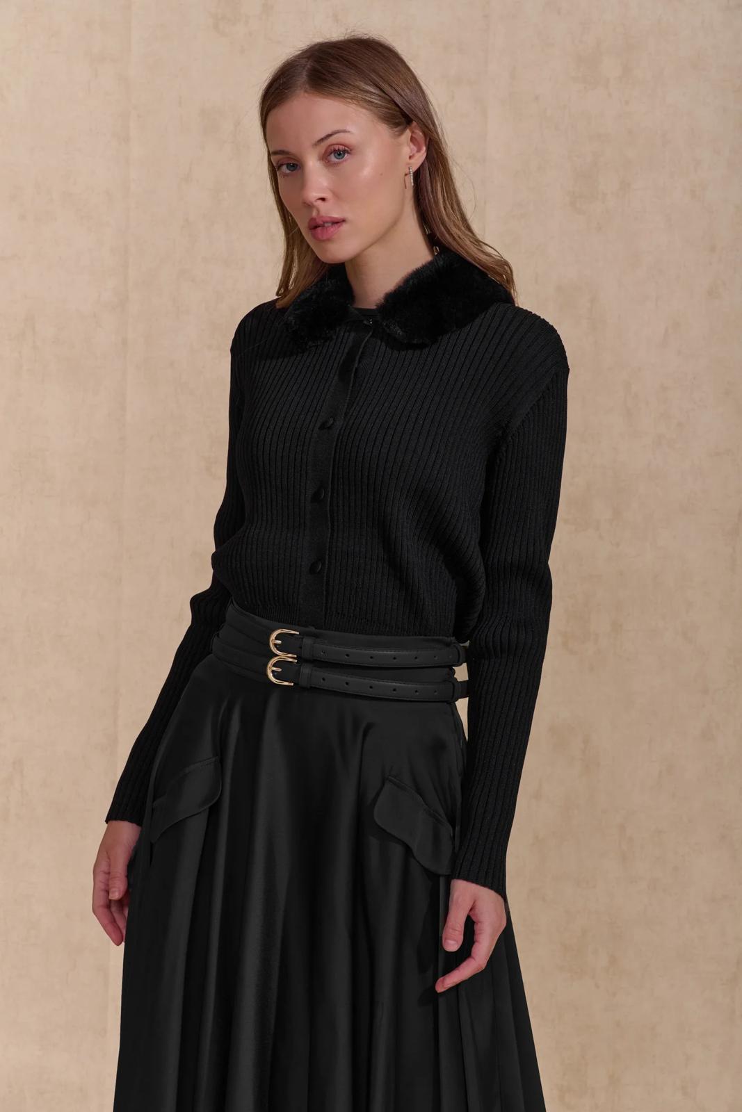 ROP-RPW2501 BLACK FUR COLLAR RIB CARDIGAN
