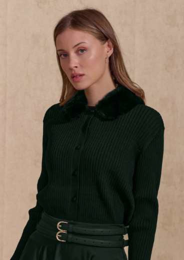 ROP-RPW2501 GREEN FUR COLLAR RIB CARDIGAN