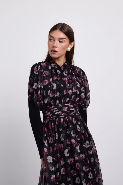 NOI-2510 FLORAL PRINT WAISTED DRESS