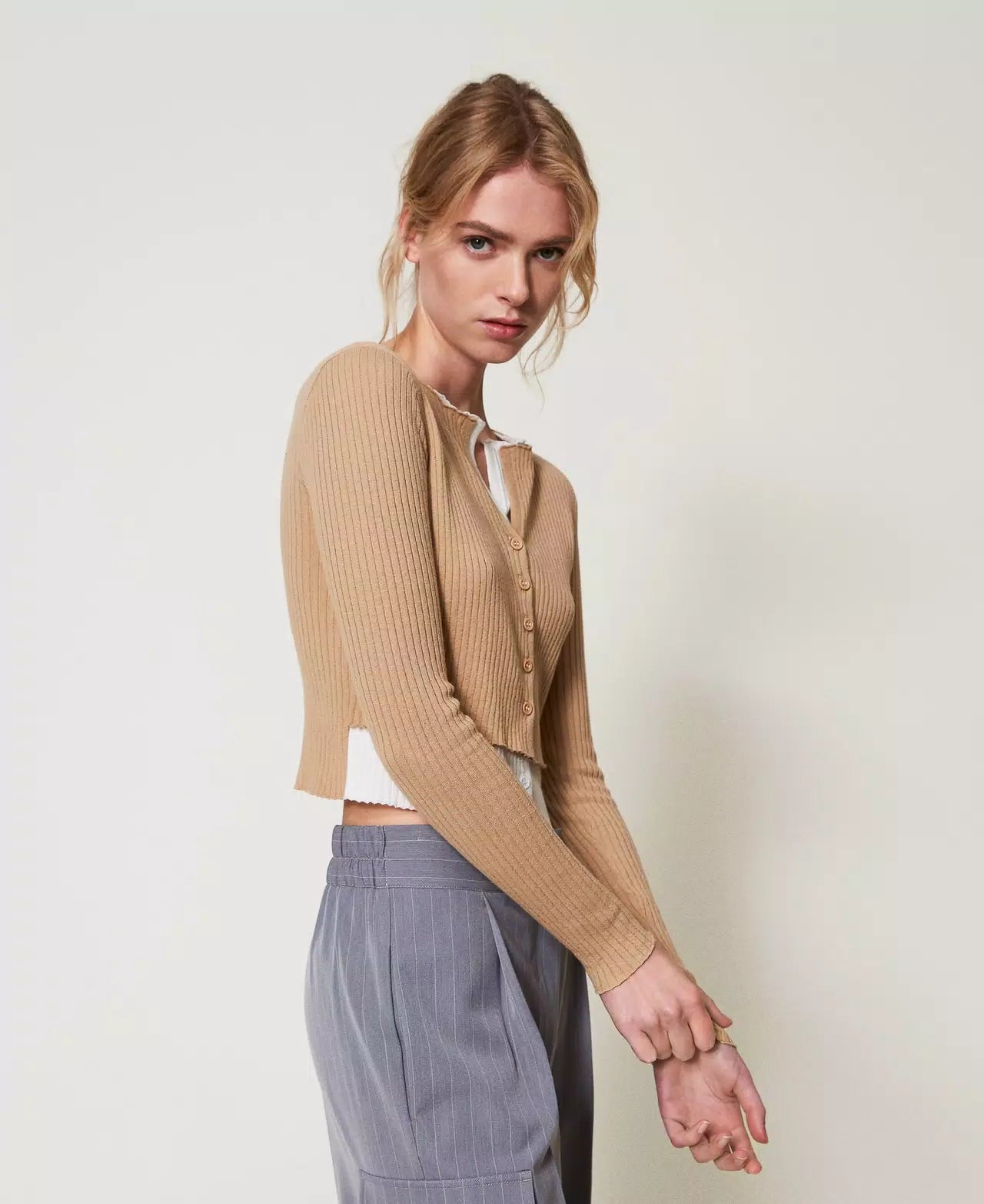 TWS-251TE3012 BEIGE&WHITE RIB CARDIGAN
