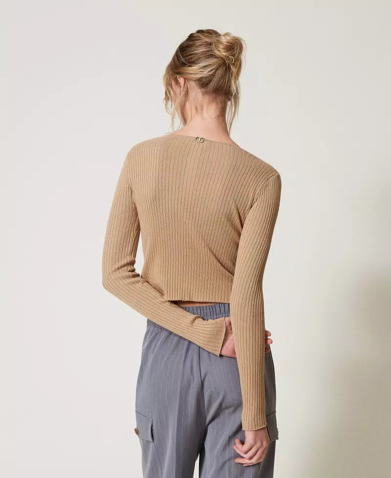 TWS-251TE3012 BEIGE&WHITE RIB CARDIGAN