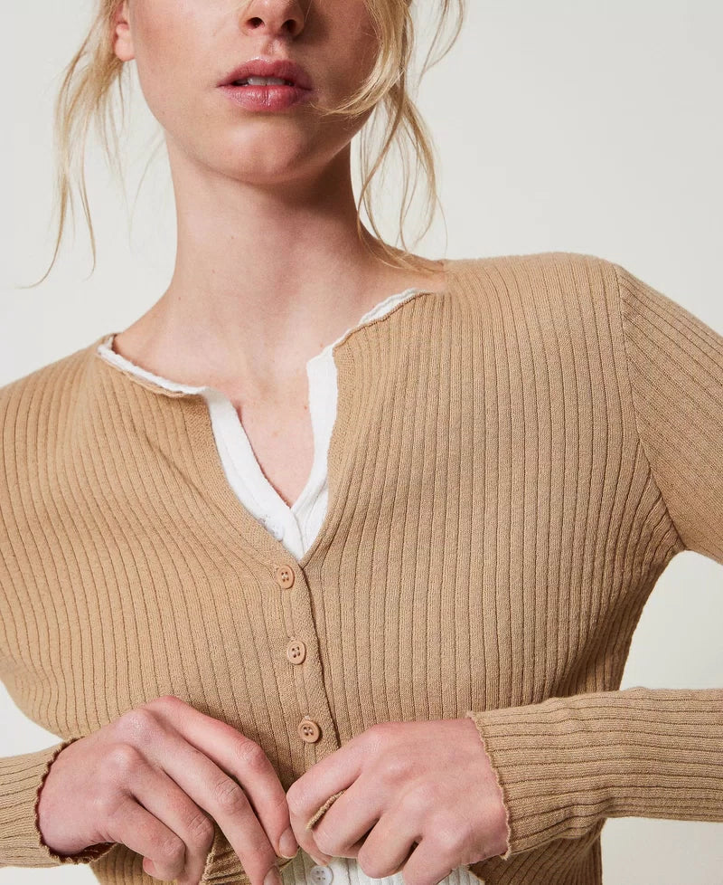 TWS-251TE3012 BEIGE&WHITE RIB CARDIGAN