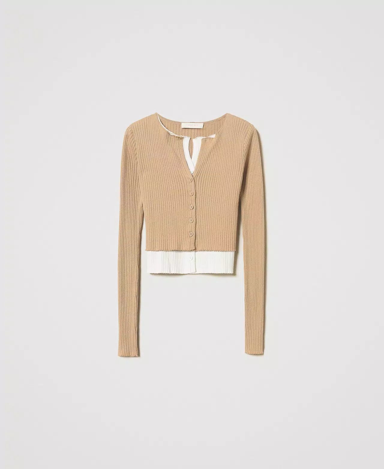 TWS-251TE3012 BEIGE&WHITE RIB CARDIGAN
