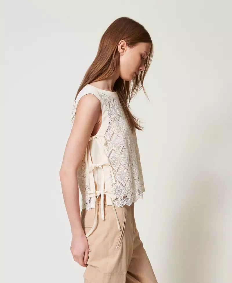 TWS-251TP2408 BEIGE MACRAME LACE VEST
