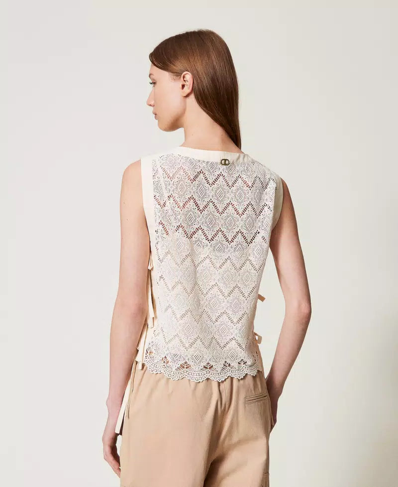 TWS-251TP2408 BEIGE MACRAME LACE VEST