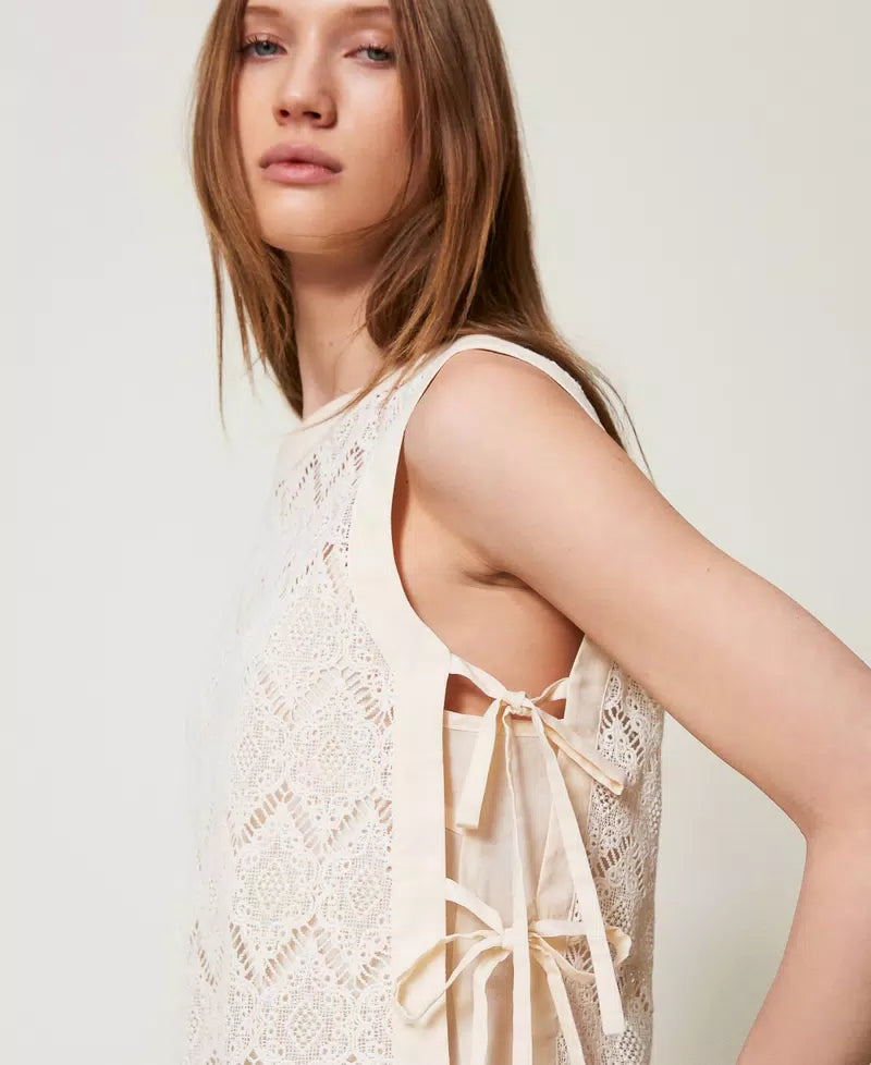 TWS-251TP2408 BEIGE MACRAME LACE VEST