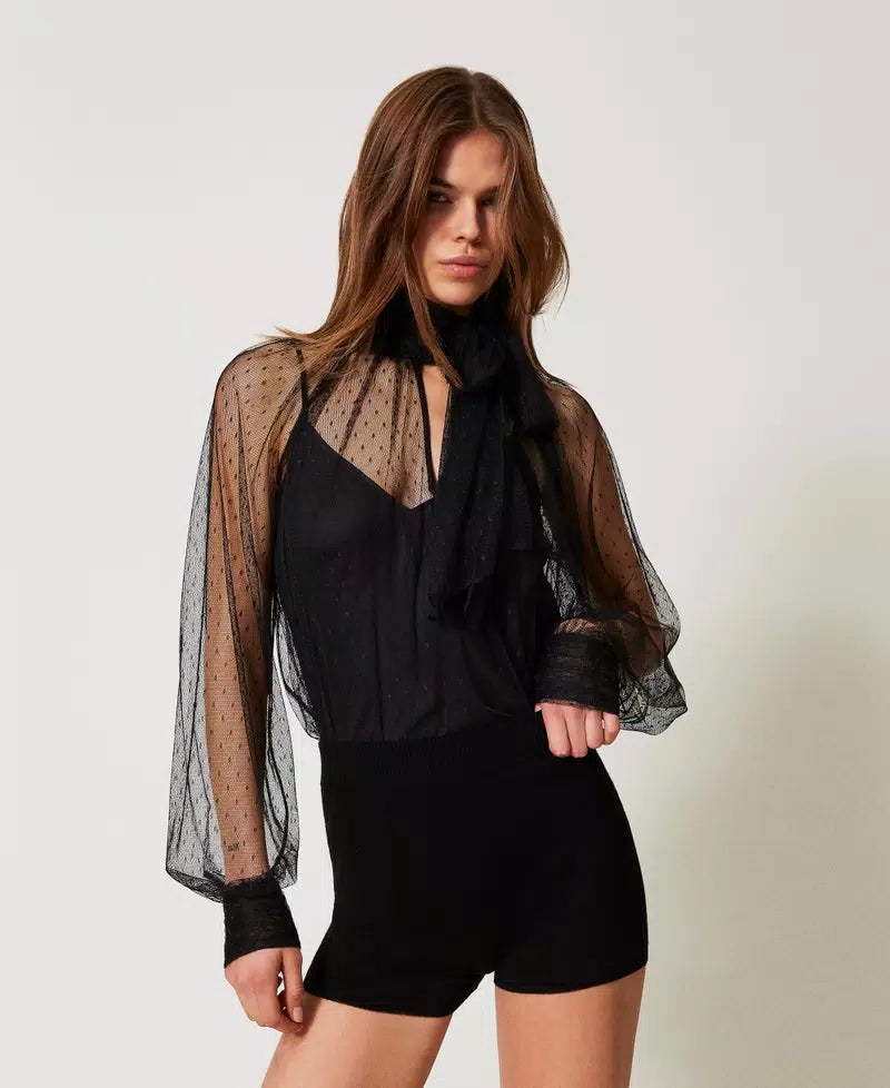TWS-251TP2514 BLACK TULLE BOW BLOUSE