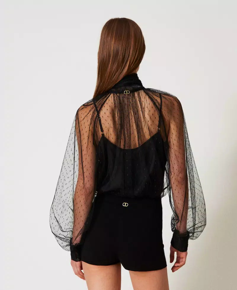 TWS-251TP2514 BLACK TULLE BOW BLOUSE