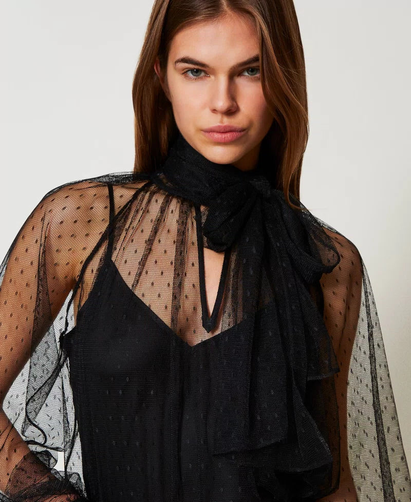 TWS-251TP2514 BLACK TULLE BOW BLOUSE