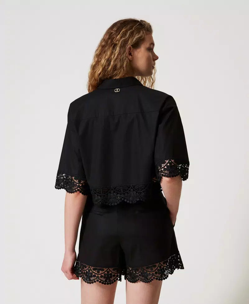 TWS-251TT2093 BLACK LACE TRIM BLOUSE