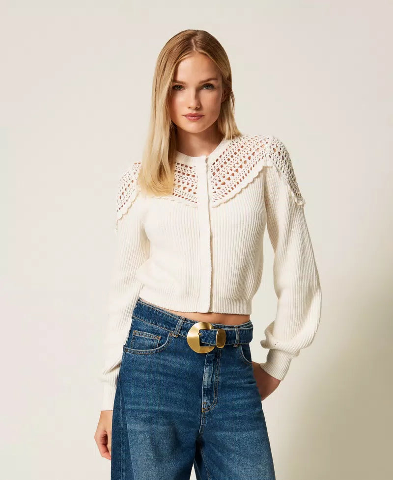 TWS-252TP3100 IVORY CROCHET WOOL BLEND CARDIGAN