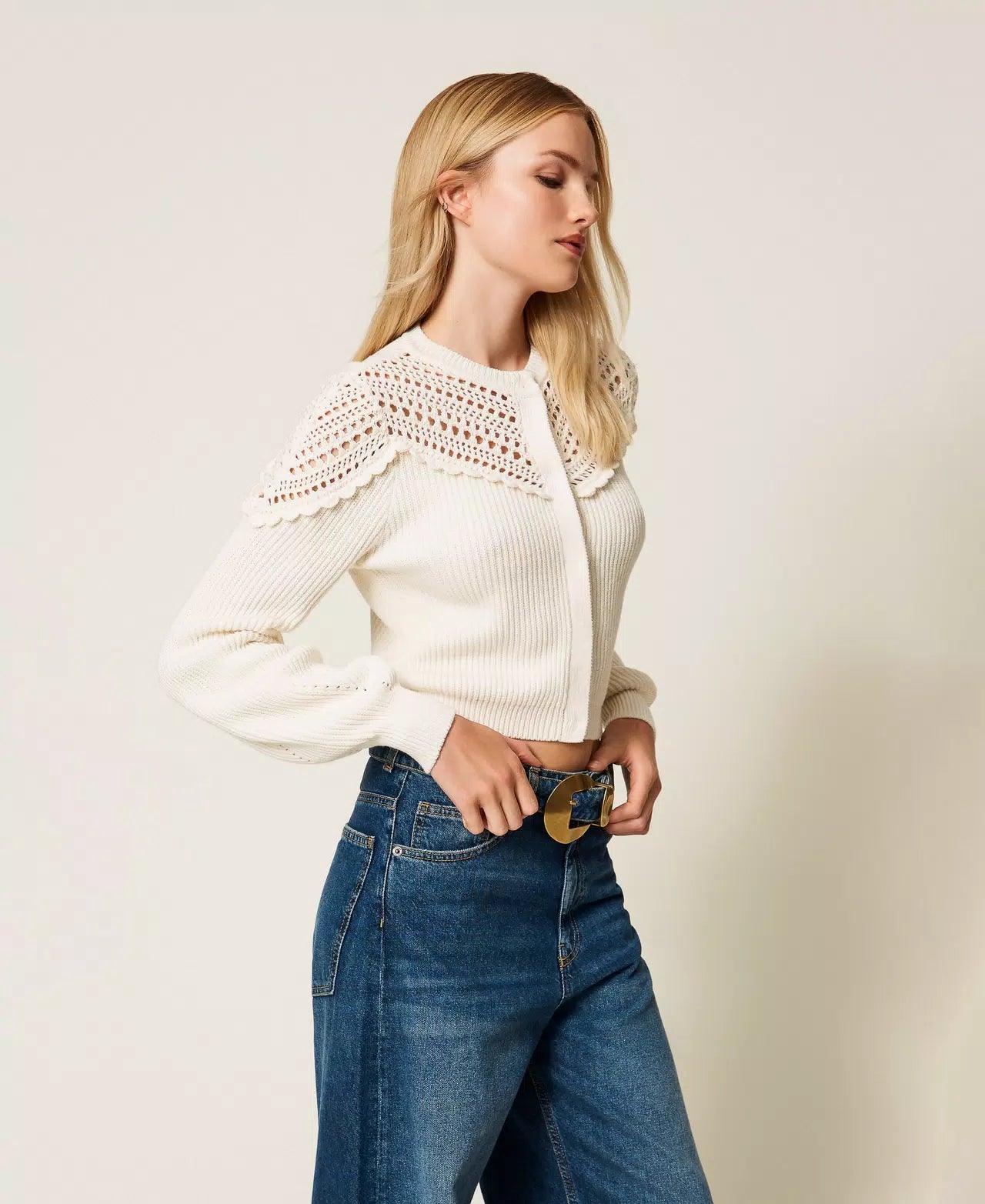 TWS-252TP3100 IVORY CROCHET WOOL BLEND CARDIGAN
