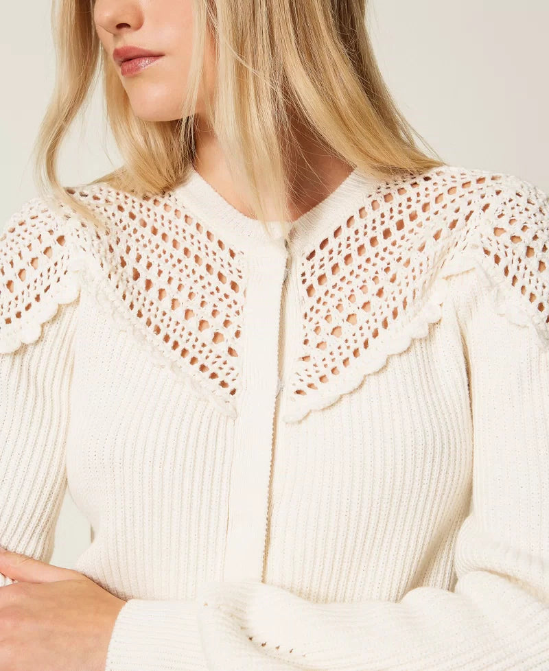 TWS-252TP3100 IVORY CROCHET WOOL BLEND CARDIGAN