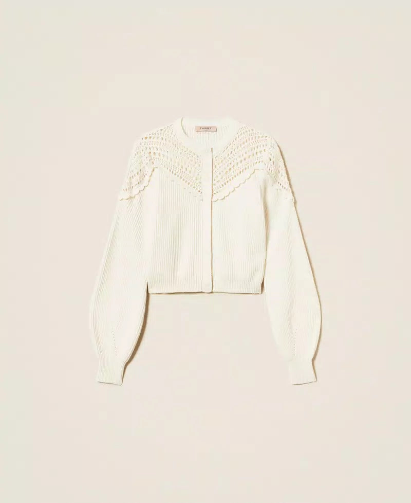 TWS-252TP3100 IVORY CROCHET WOOL BLEND CARDIGAN
