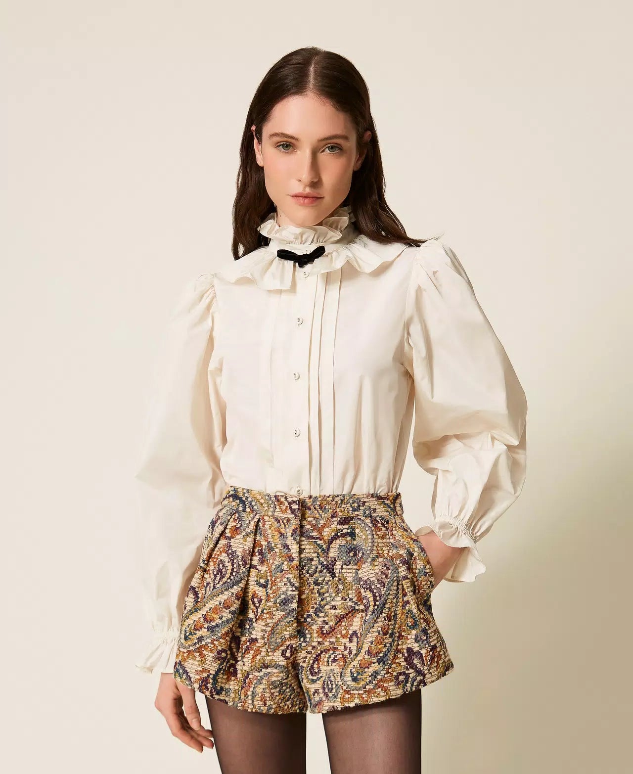 TWS-252TS2110 IVORY TAFFETA BOW BLOUSE