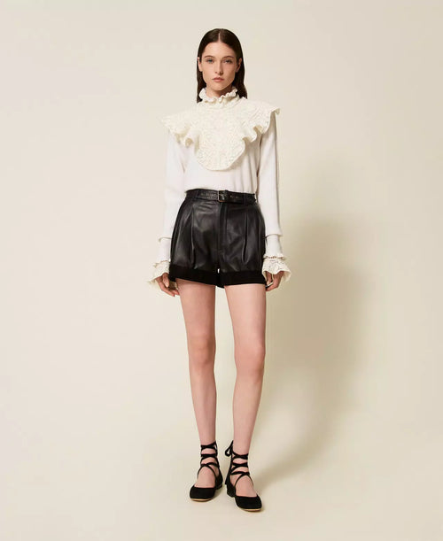 TWS-252TS3021 IVORY RUFFLE LACE WOOL TOP