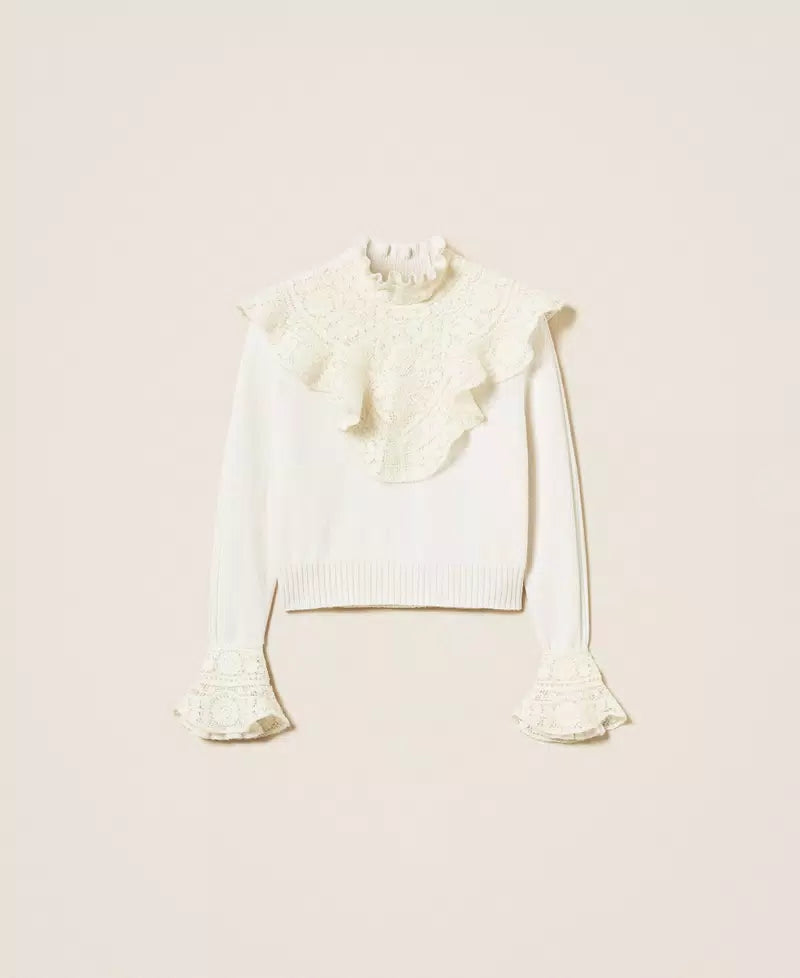TWS-252TS3021 IVORY RUFFLE LACE WOOL TOP