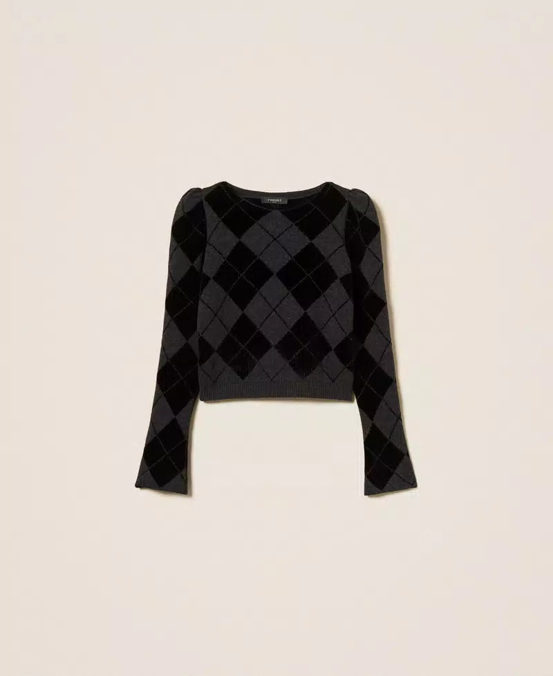 TWS-252TS3370 BLACK ARGYLE KNIT TOP