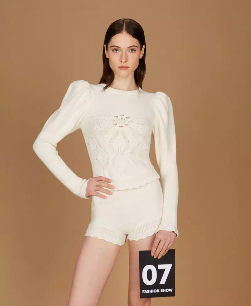 TWS-252TS3380 IVORY CROCHET PATTERN TOP