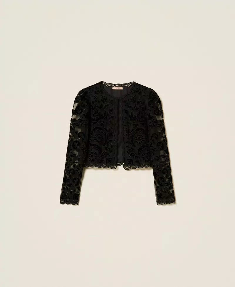 TWS-252TT2090 BLACK TULLE EMBROIDERED TOP