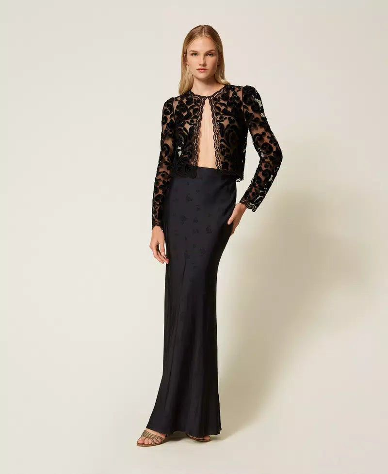 TWS-252TT2090 BLACK TULLE EMBROIDERED TOP