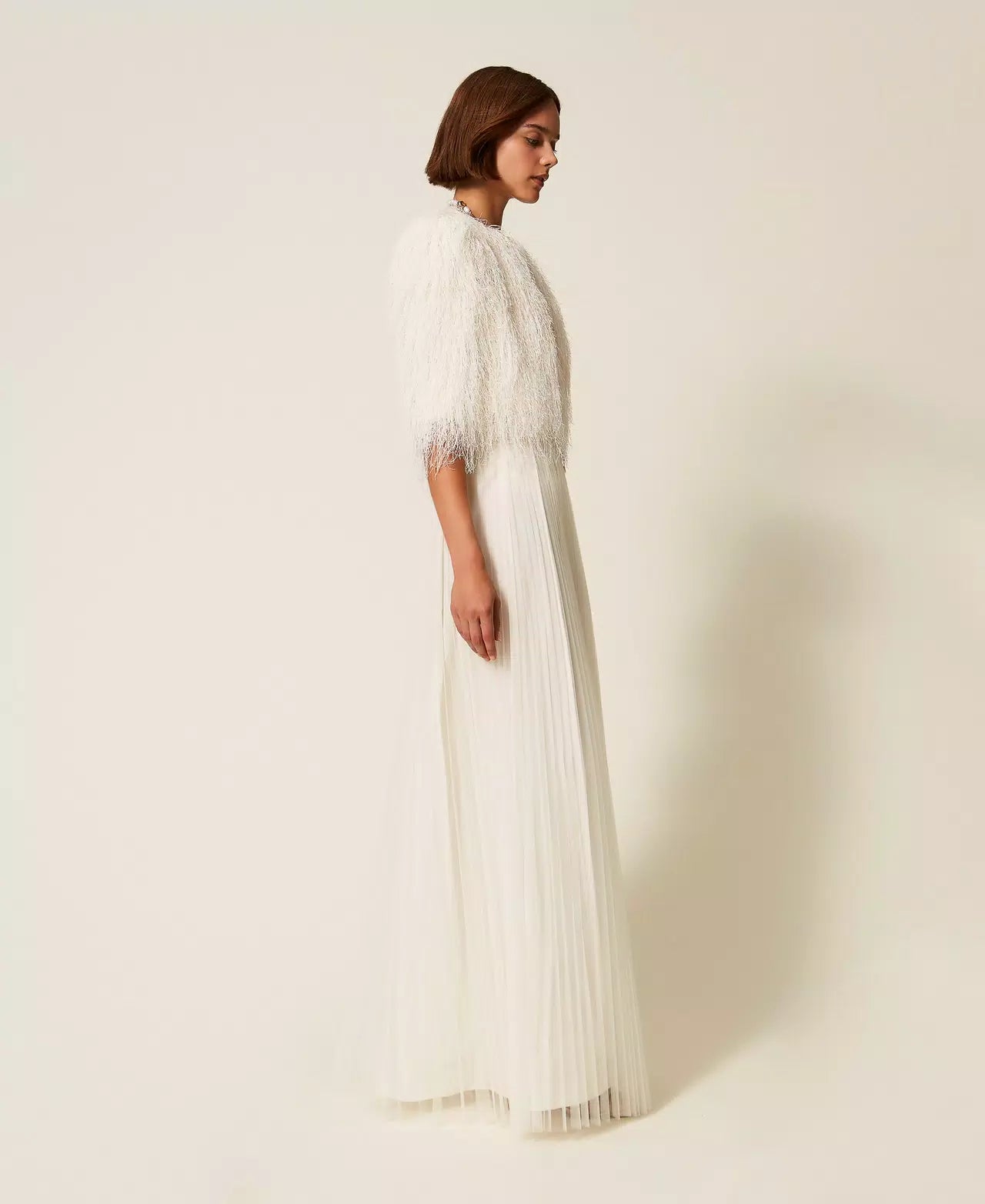 TWS-252TT2284 IVORY TULLE PLEATED SKIRT
