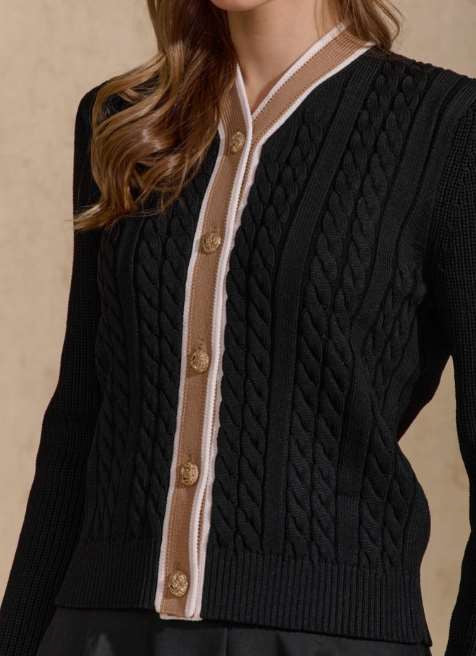 ROP-RPW2539 BLACK CABLE KNIT CONTRAST CADIGAN