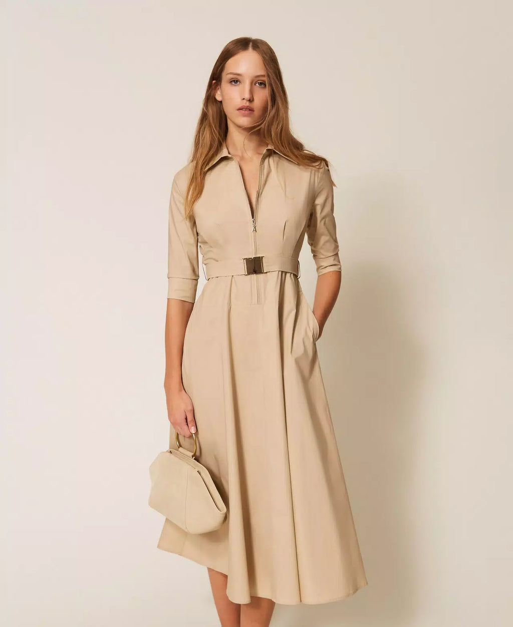 TWS-261AP2284 BEIGE BELTED SHIRT ZIP DRESS
