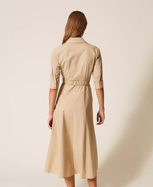TWS-261AP2284 BEIGE BELTED SHIRT ZIP DRESS