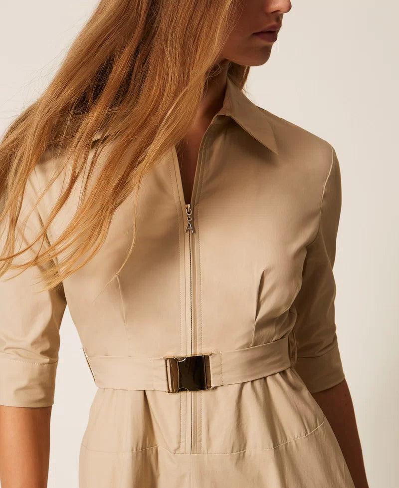 TWS-261AP2284 BEIGE BELTED SHIRT ZIP DRESS