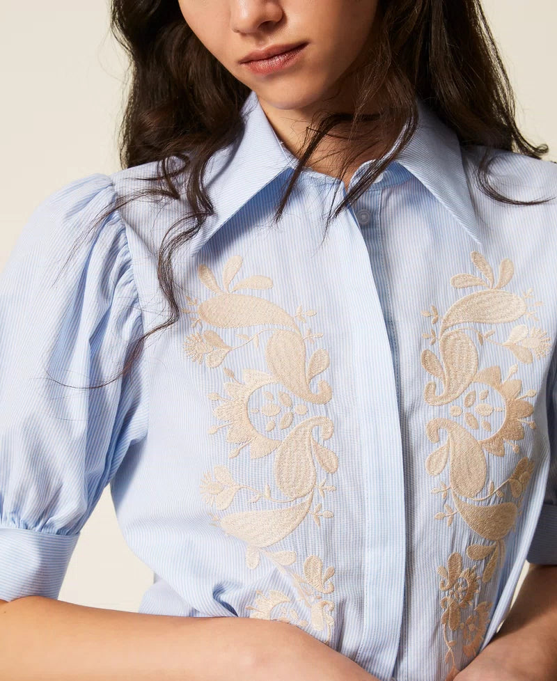TWS-261AT2030 BLUE STRIPE EMBROIDERED BLOUSE