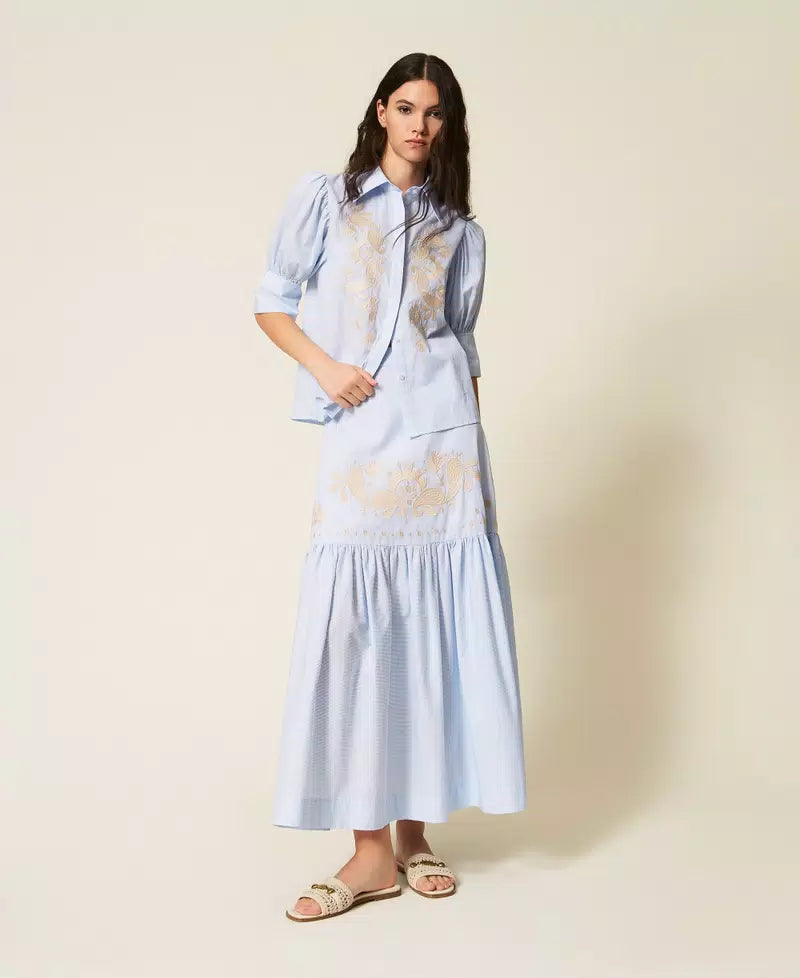 TWS-261AT2030 BLUE STRIPE EMBROIDERED BLOUSE