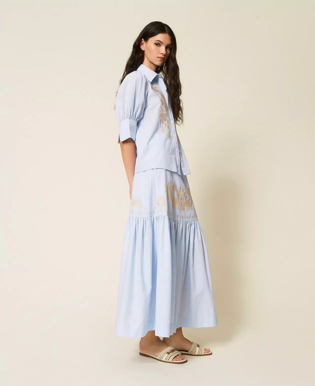 TWS-261AT2031 BLUE STRIPE EMBROIDERED SKIRT