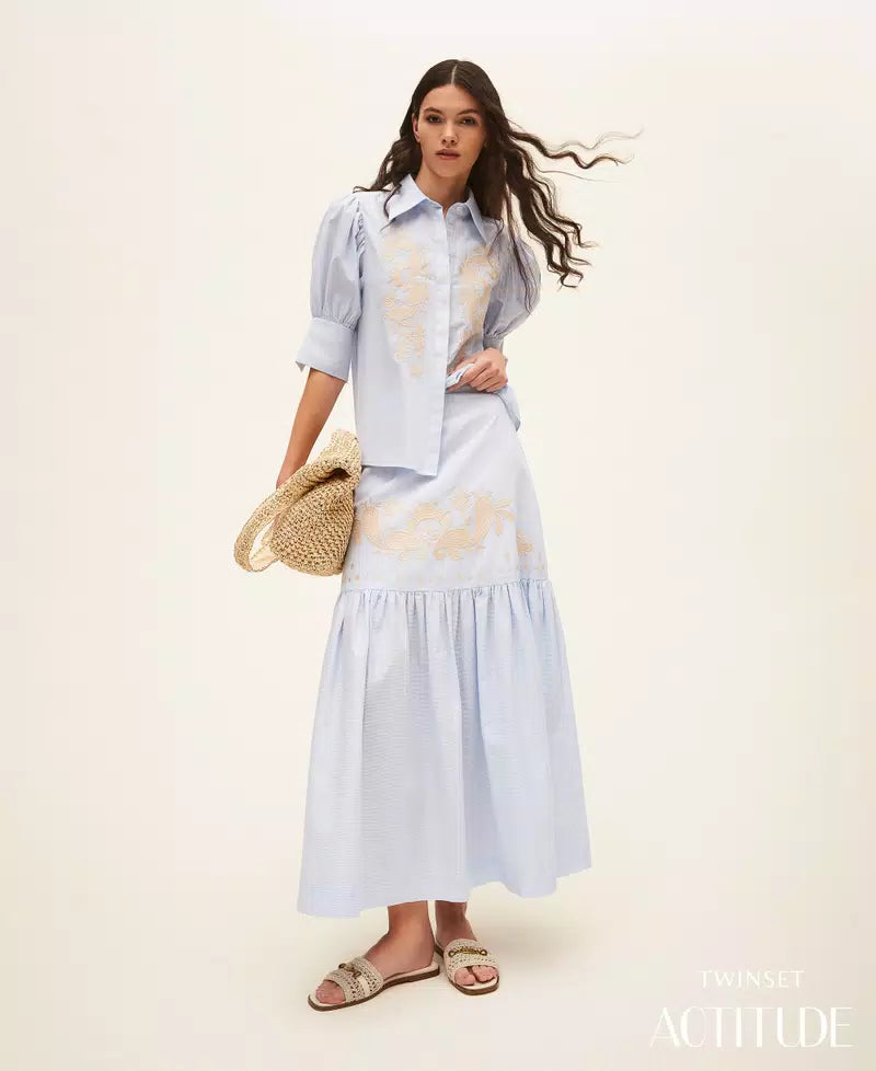 TWS-261AT2031 BLUE STRIPE EMBROIDERED SKIRT
