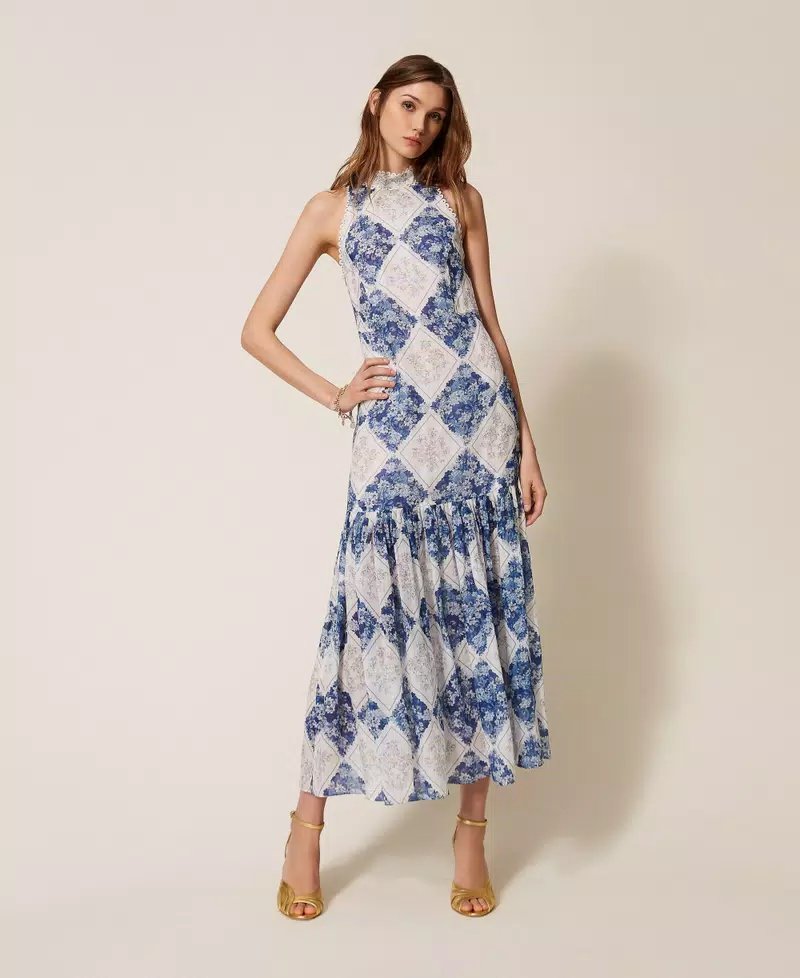 TWS-261TP213B WHITE&BLUE PRINT DRESS