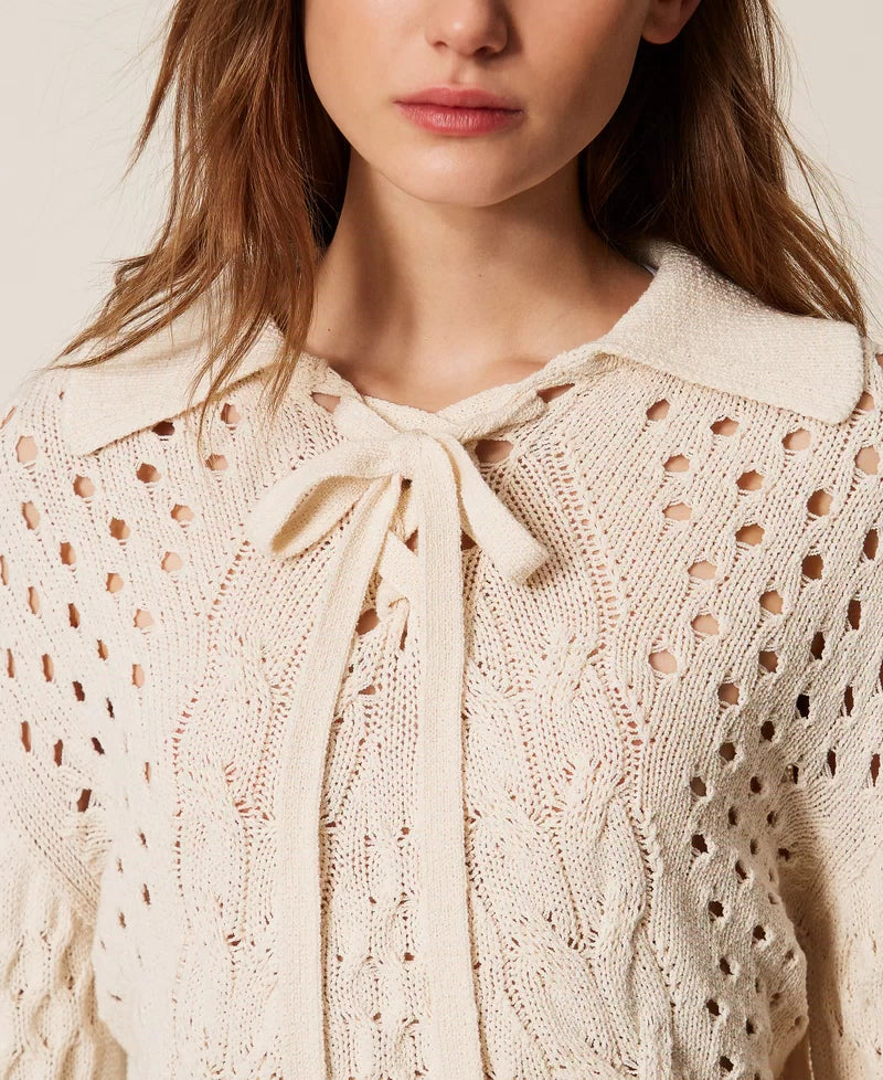 TWS-261TP3492 BEIGE CABLE KNIT BOW TOP