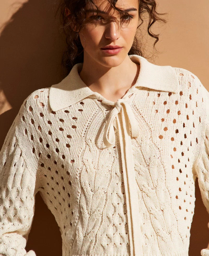 TWS-261TP3492 BEIGE CABLE KNIT BOW TOP