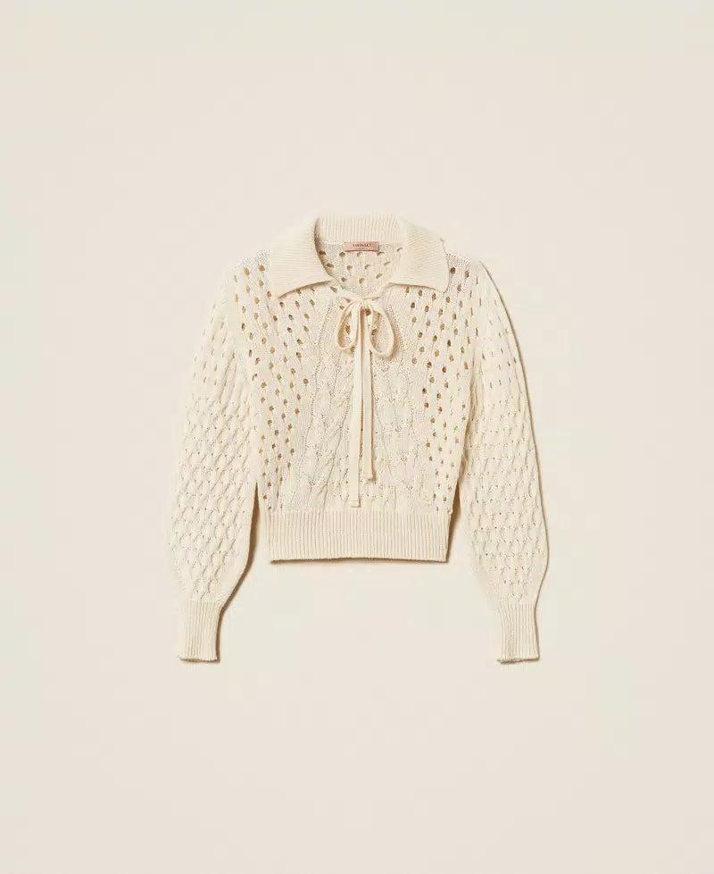 TWS-261TP3492 BEIGE CABLE KNIT BOW TOP