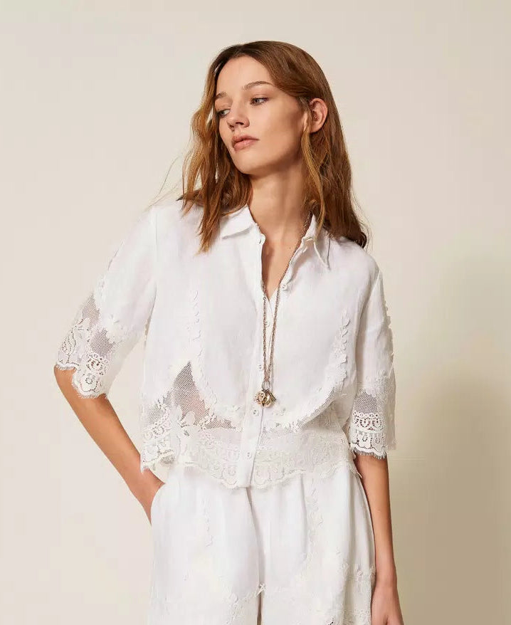 TWS-261TT2181 IVORY LINEN LACE BLOUSE