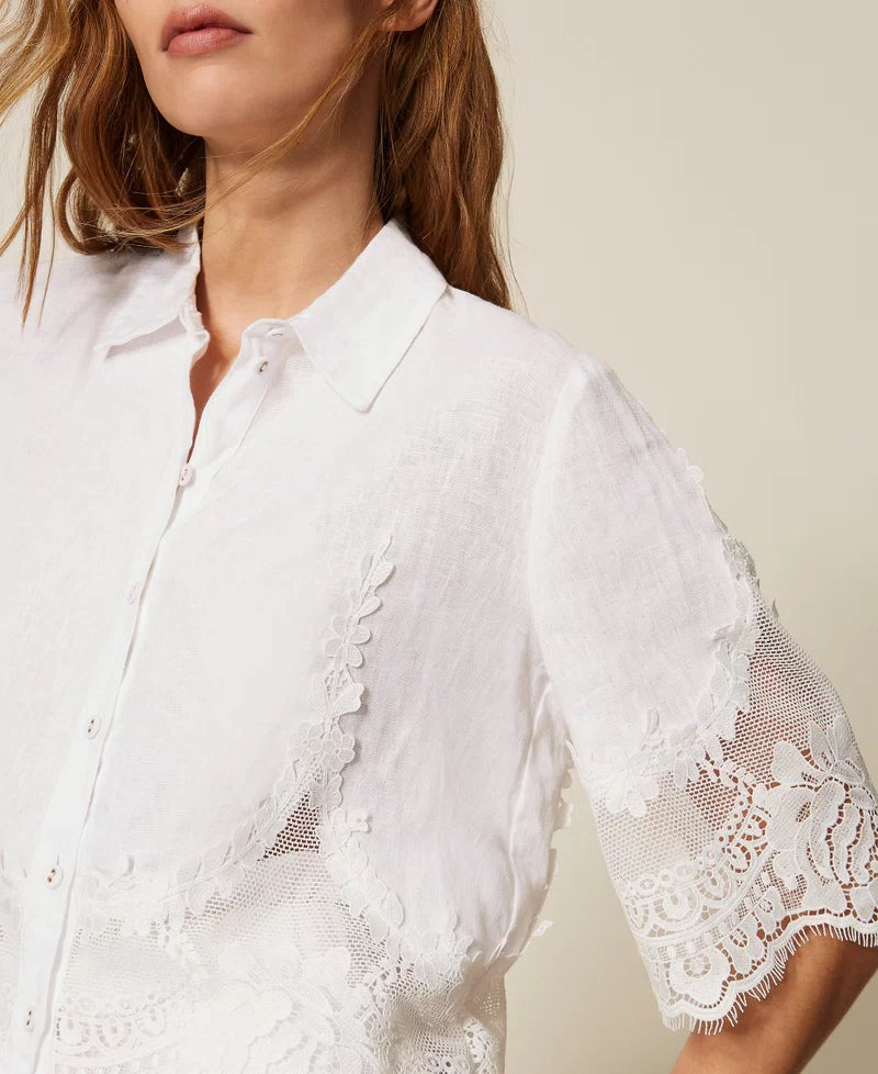 TWS-261TT2181 IVORY LINEN LACE BLOUSE