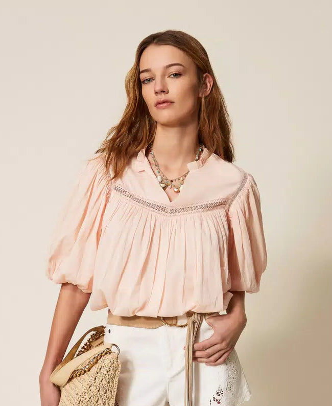 TWS-261TT2331 PINK GATHERED CROP BLOUSE