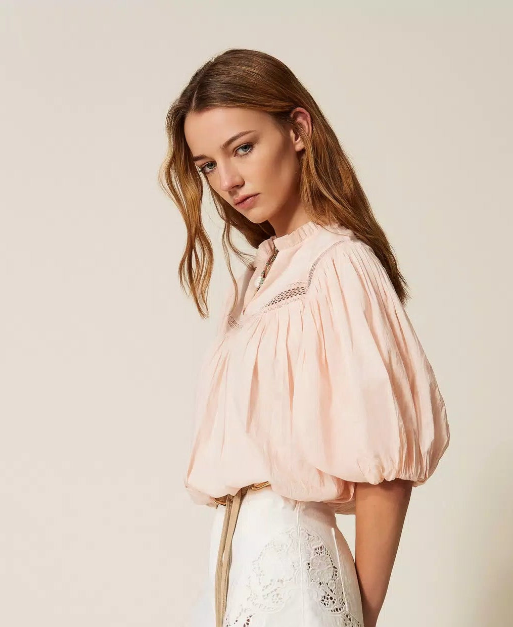 TWS-261TT2331 PINK GATHERED CROP BLOUSE