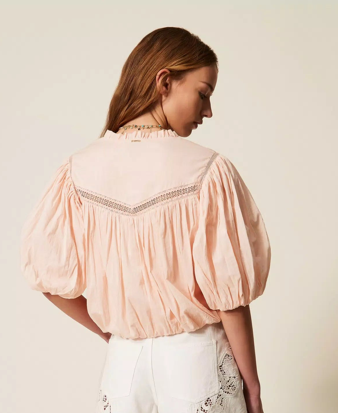 TWS-261TT2331 PINK GATHERED CROP BLOUSE