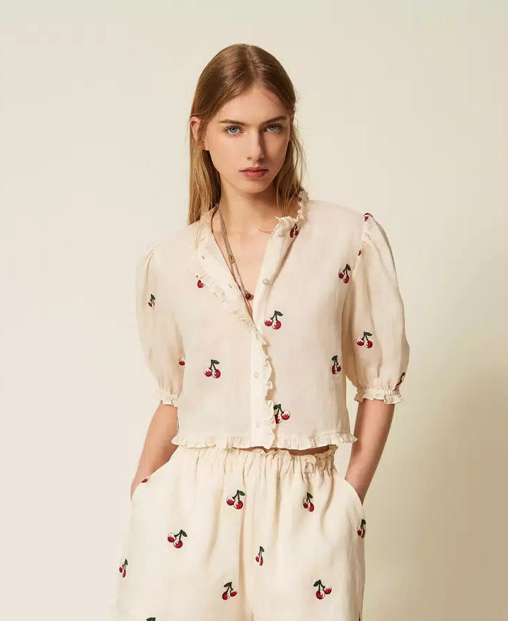 TWS-261TT2420 IVORY PUFFY SLEEVE CHERRY BLOUSE