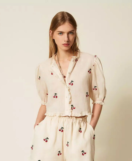 TWS-261TT2420 IVORY PUFFY SLEEVE CHERRY BLOUSE