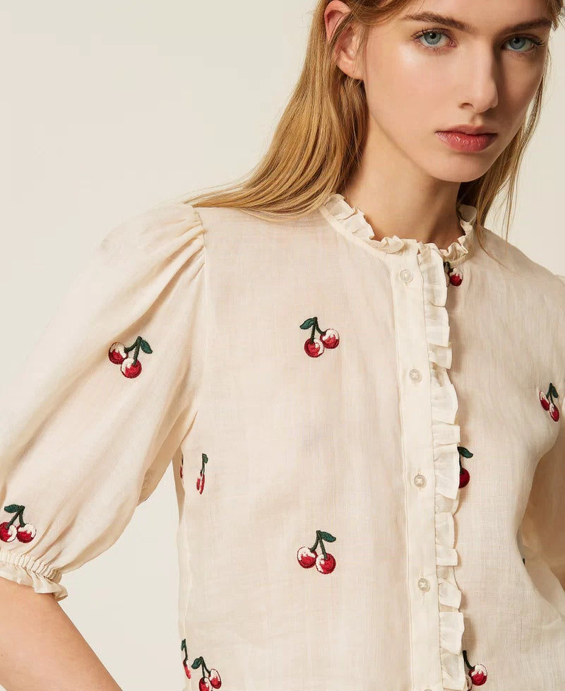 TWS-261TT2420 IVORY PUFFY SLEEVE CHERRY BLOUSE
