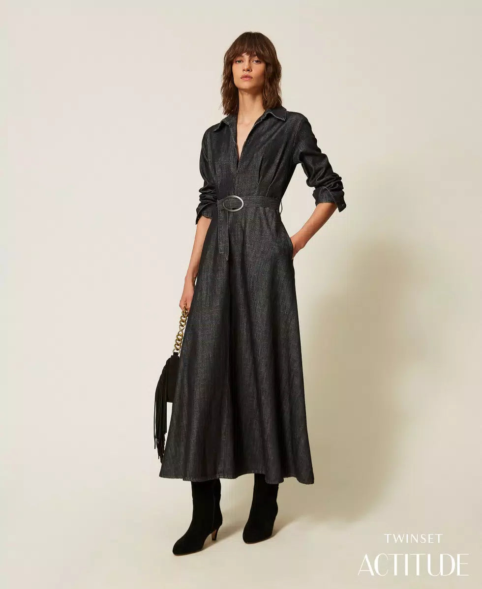 TWS-262AP2060 BLACK DENIM BELTED DRESS