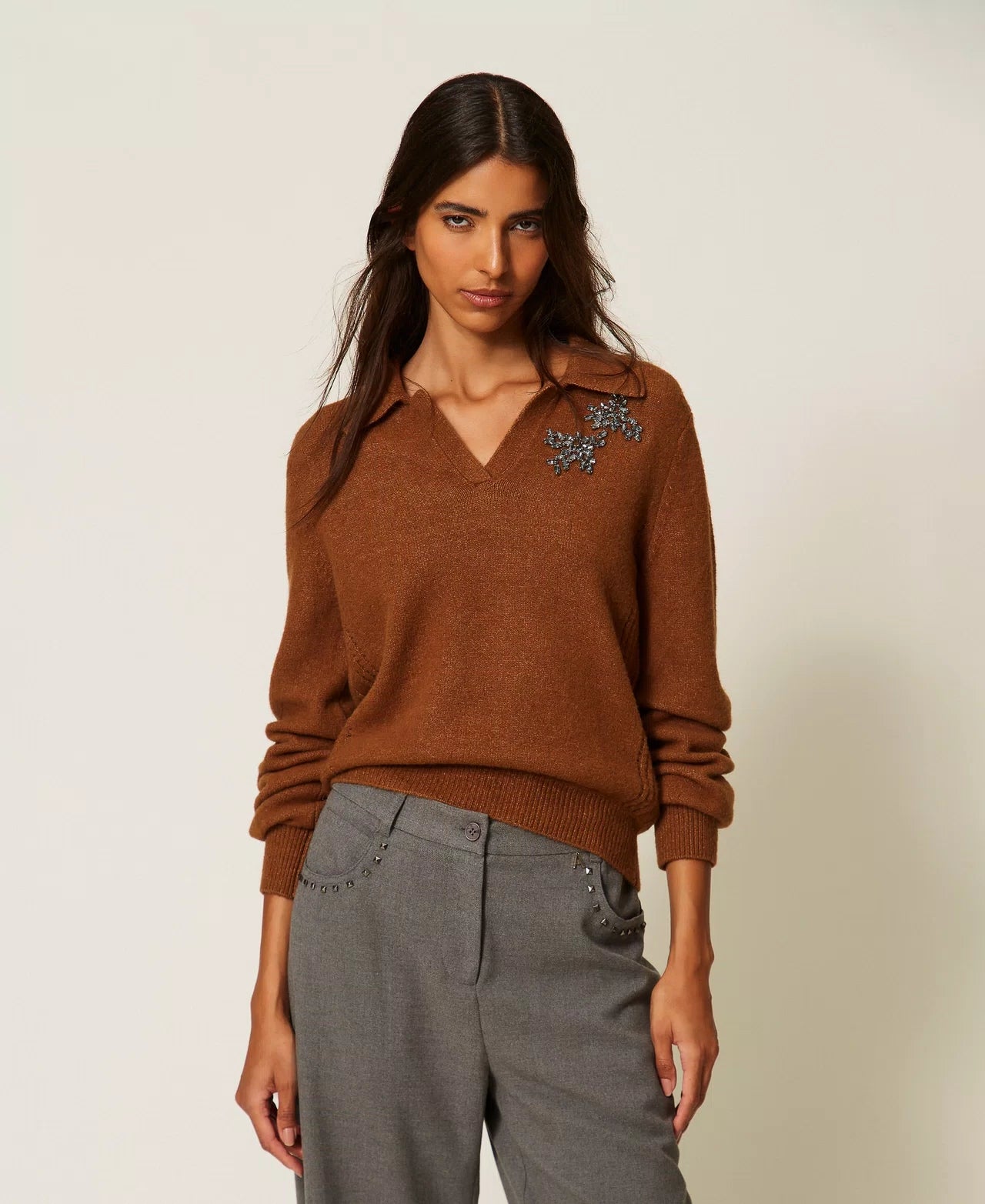 TWS-262AT3121 TOFFEE BEIGE EMBROIDERED TOP