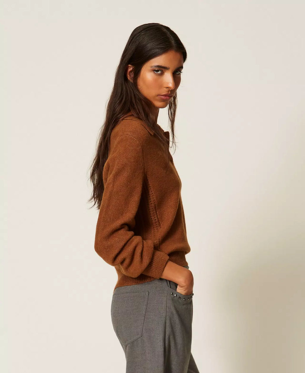 TWS-262AT3121 TOFFEE BEIGE EMBROIDERED TOP